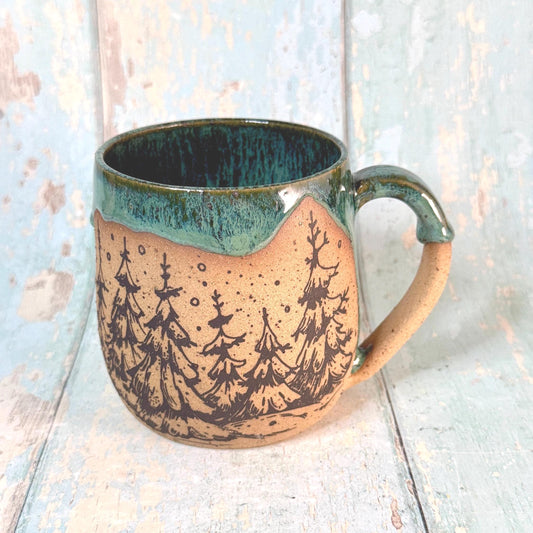 Black and Green Christmas Tree Mug, Handmade Ceramic Cup