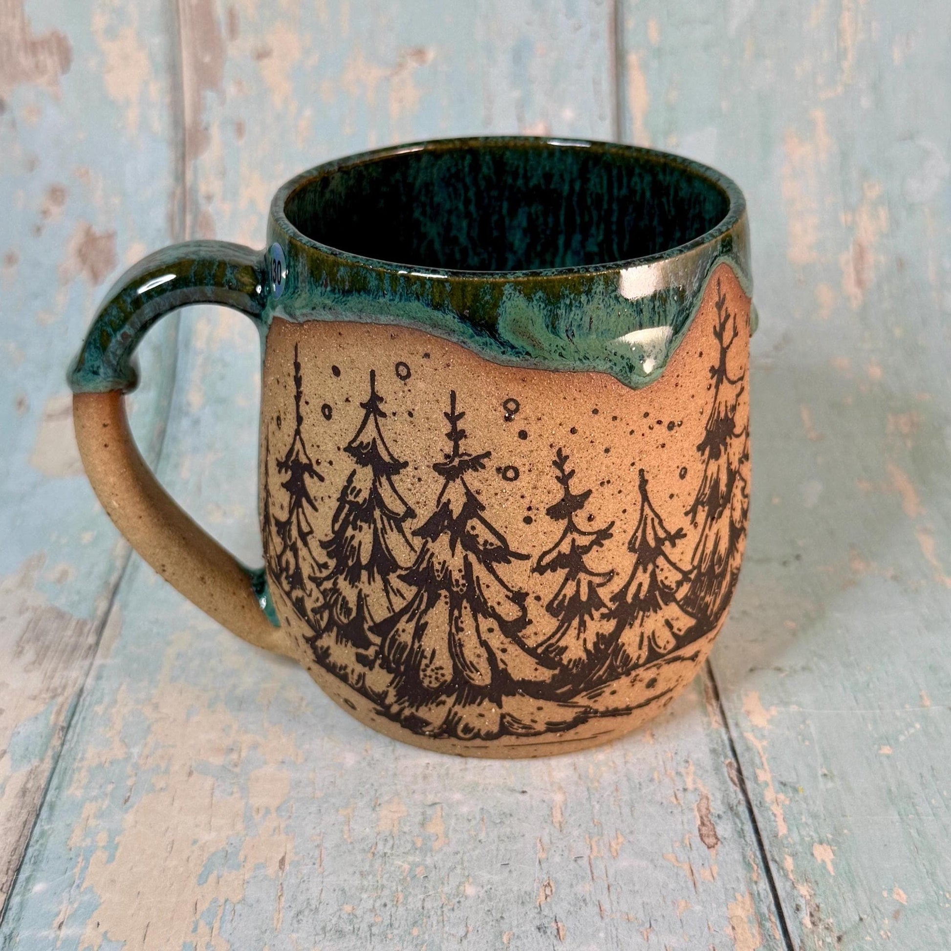 Black and Green Christmas Tree Mug, Handmade Ceramic Cup