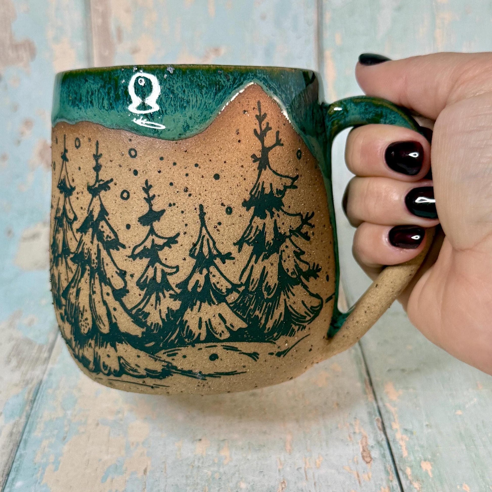 Black and Green Christmas Tree Mug, Handmade Ceramic Cup