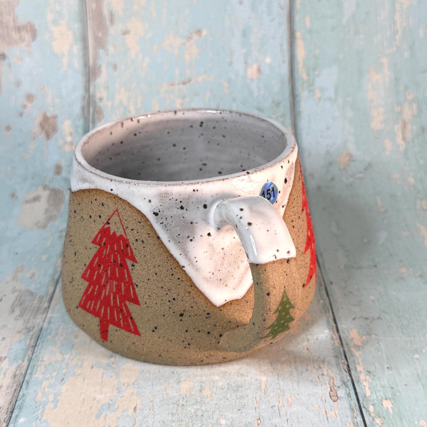 White, Red and Green Christmas Tree Mug, Handmade Ceramic Cup