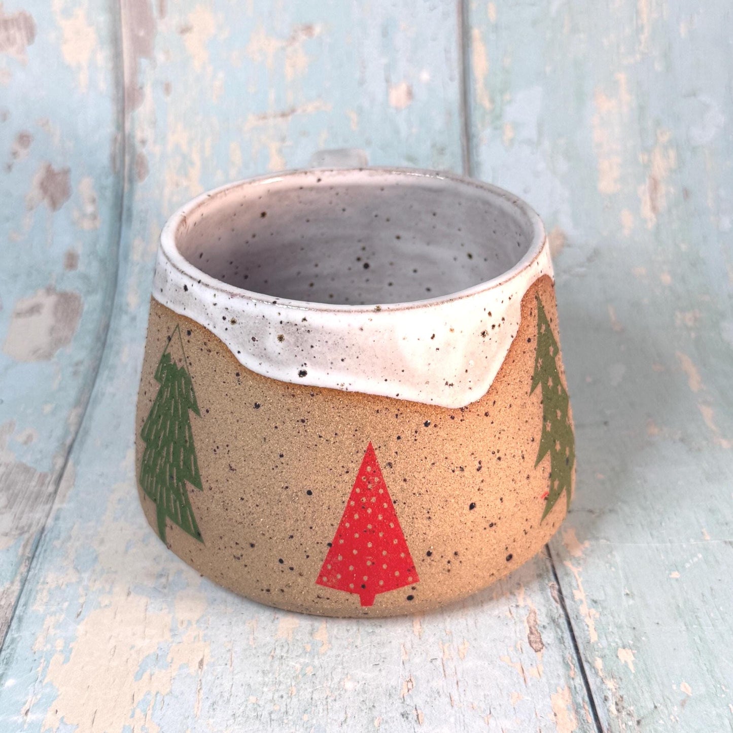White, Red and Green Christmas Tree Mug, Handmade Ceramic Cup