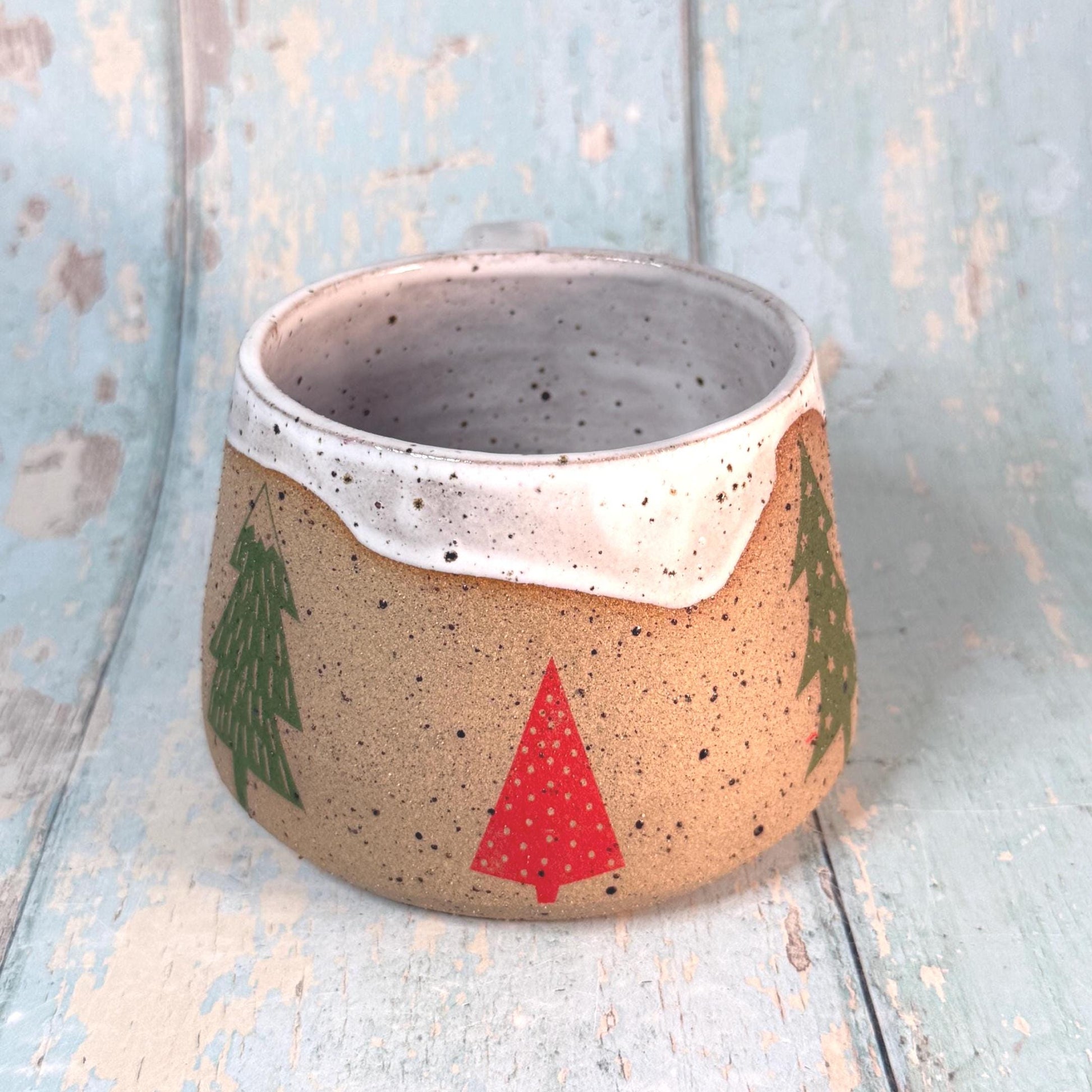 White, Red and Green Christmas Tree Mug, Handmade Ceramic Cup