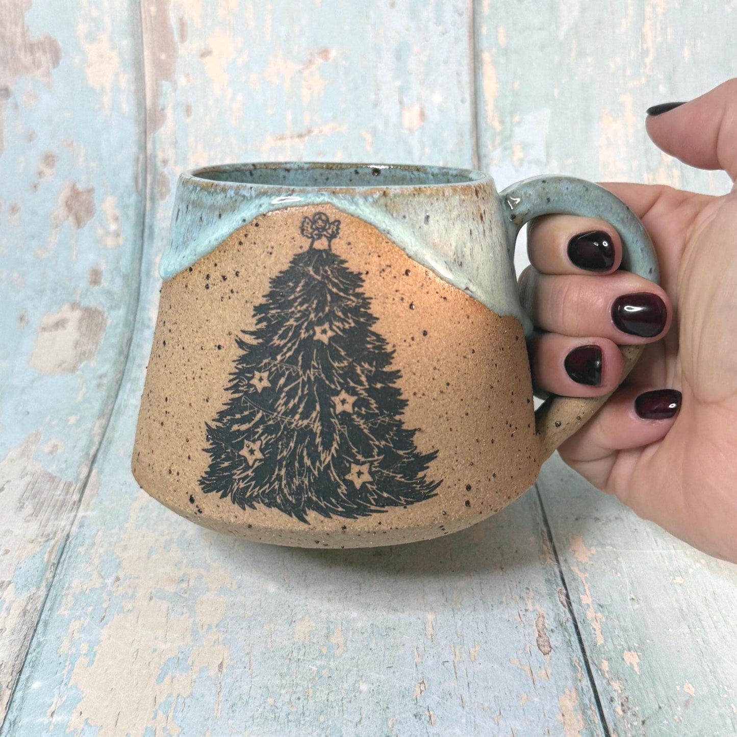 Green Christmas Tree Mug, Handmade Ceramic Cup