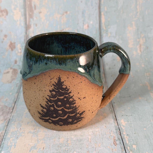 Green Christmas Tree Mug, Handmade Ceramic Cup