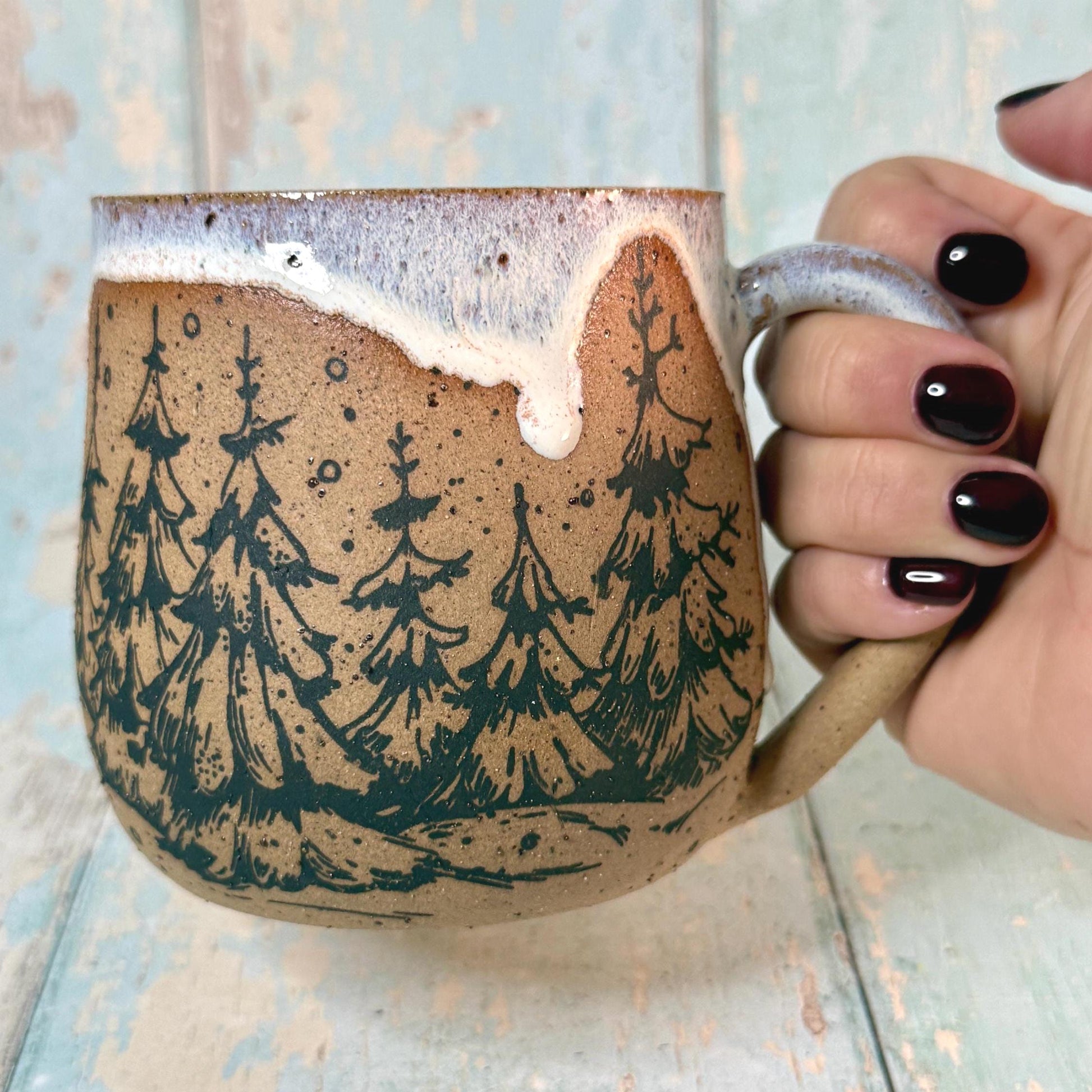 Black and White Christmas Tree Mug, Handmade Ceramic Cup