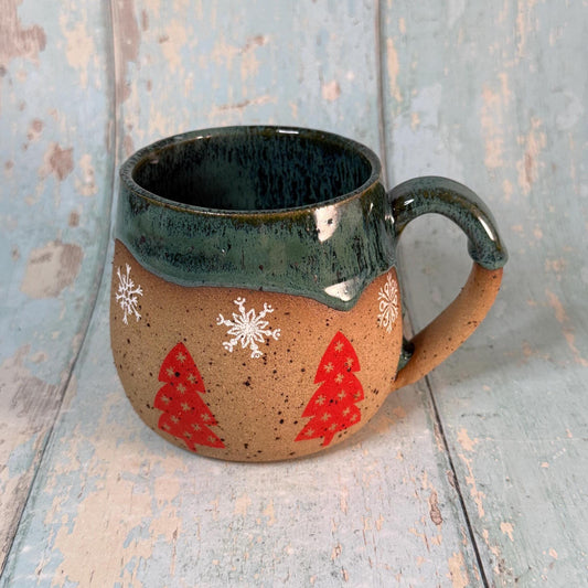 Red and Green Christmas Tree Mug, Handmade Ceramic Cup