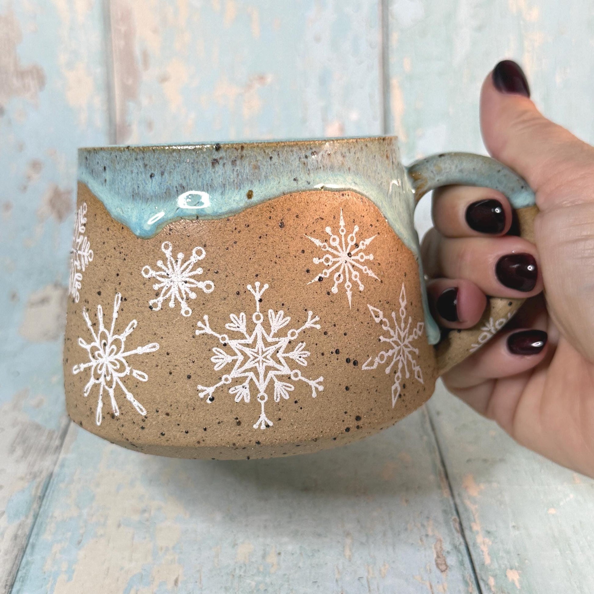 Green Christmas Snowflake Mug, Handmade Ceramic Cup