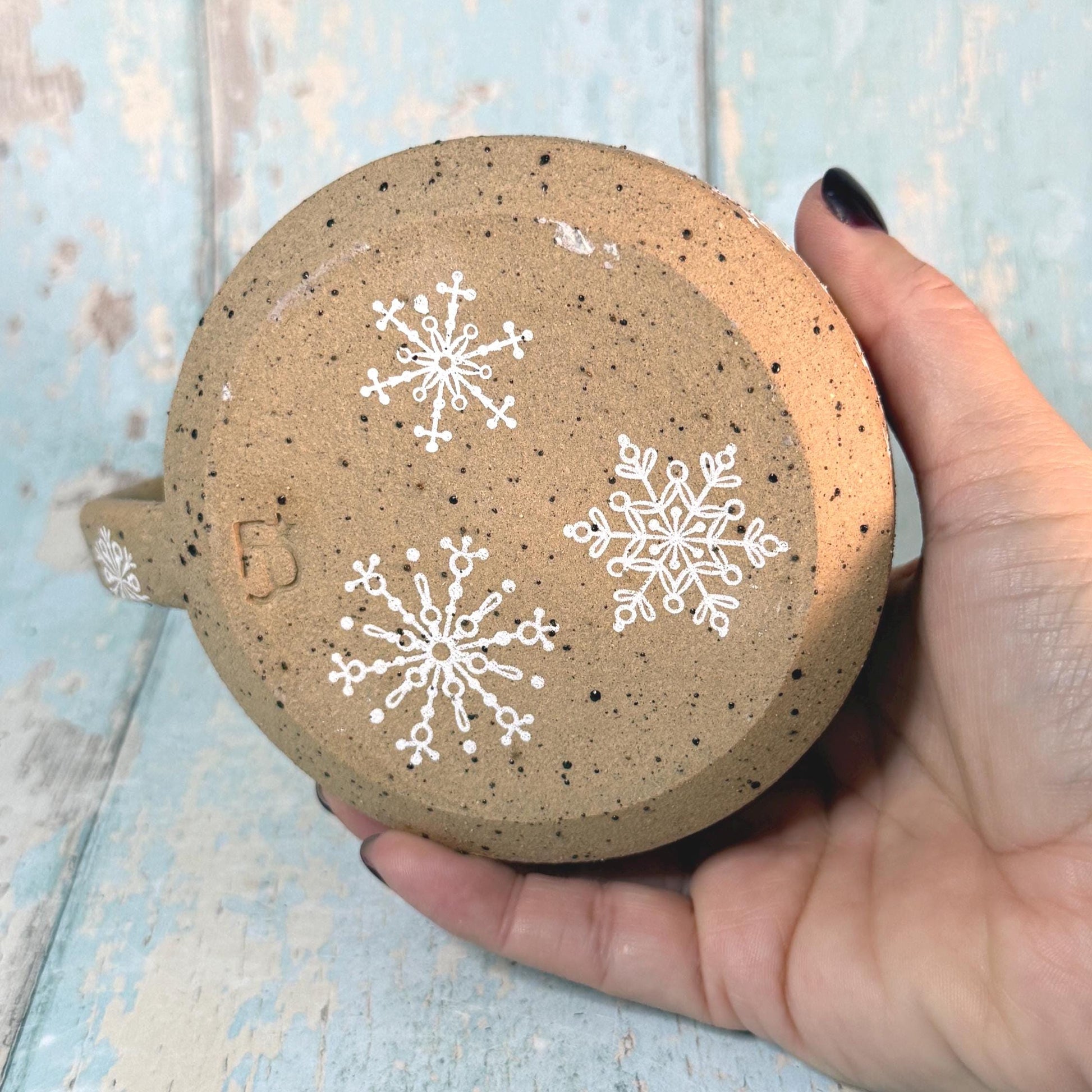 Green Christmas Snowflake Mug, Handmade Ceramic Cup
