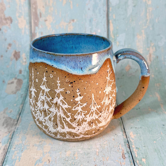 Blue and White Christmas Tree Mug, Handmade Ceramic Cup