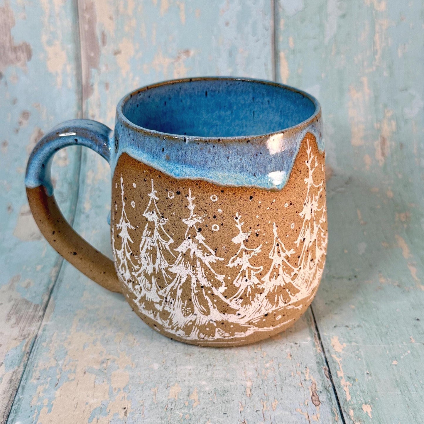 Blue and White Christmas Tree Mug, Handmade Ceramic Cup