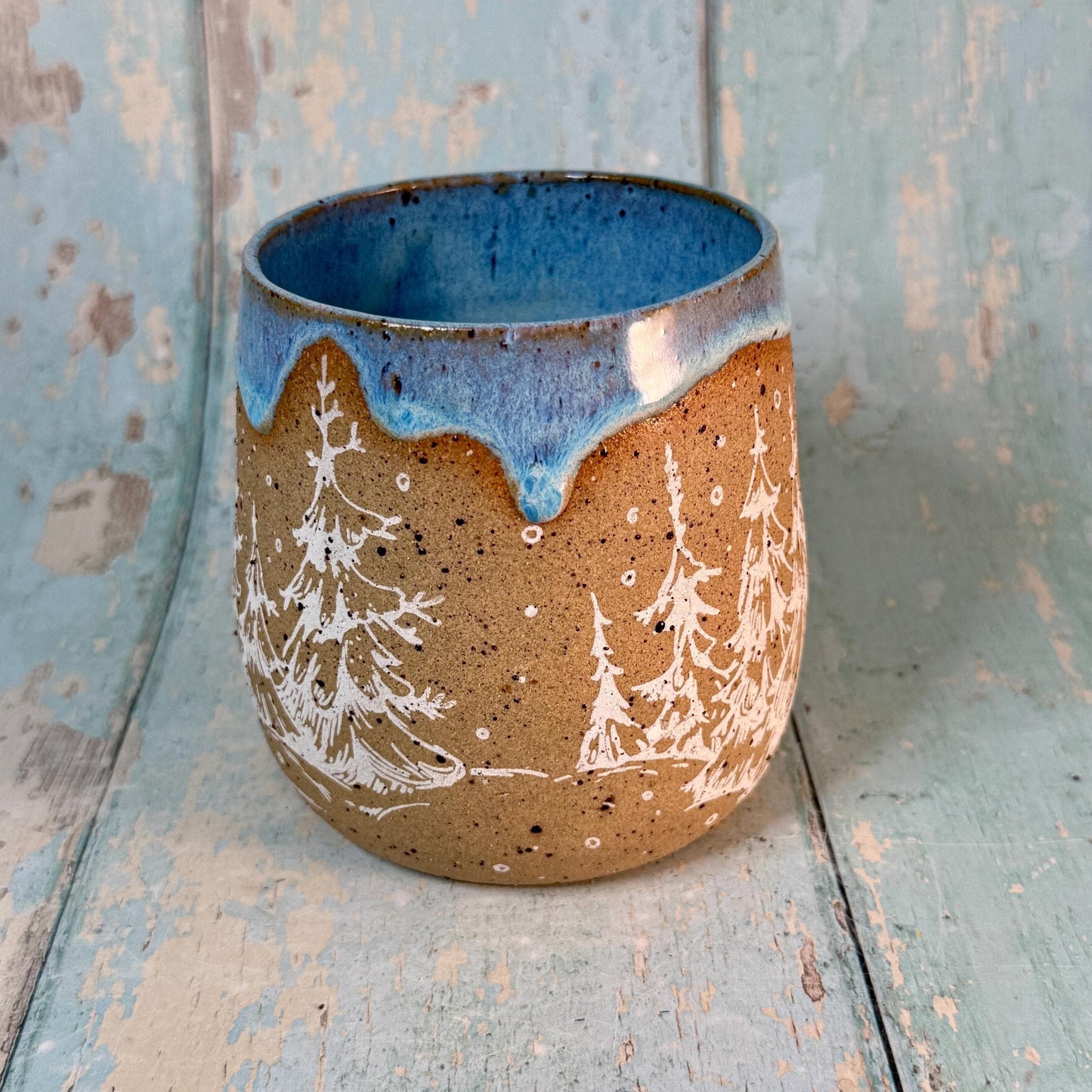 Blue and White Christmas Tree Mug, Handmade Ceramic Cup