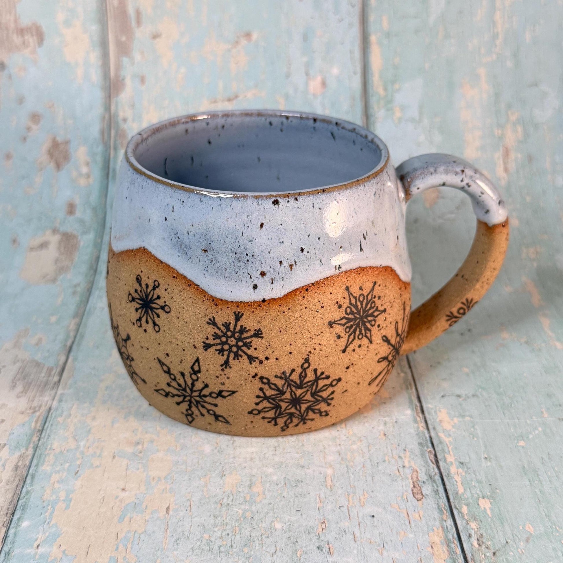 Black and Blue Christmas Snowflake Mug, Handmade Ceramic Cup