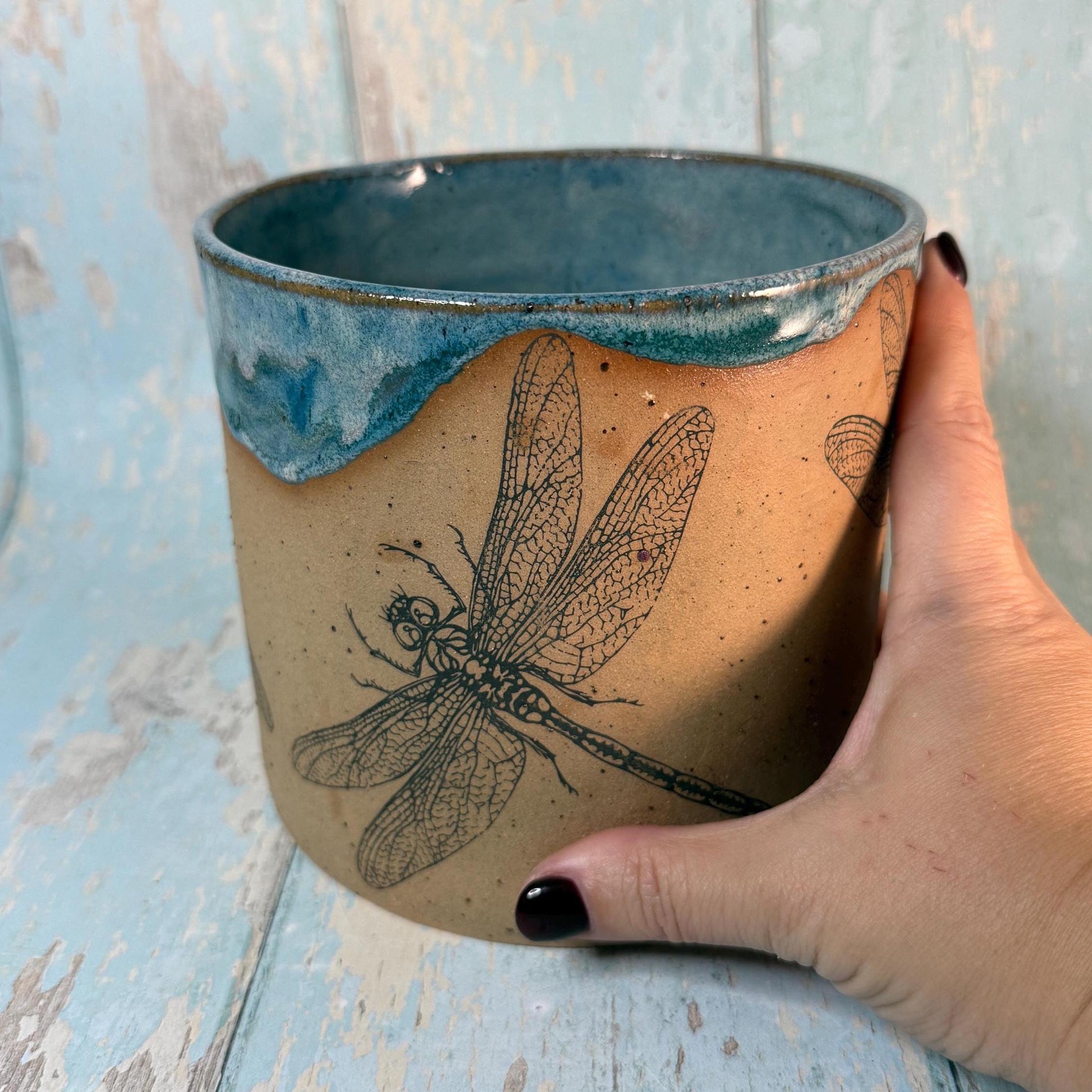 Turquoise Dragonfly Planter, Ceramic Plant Pot