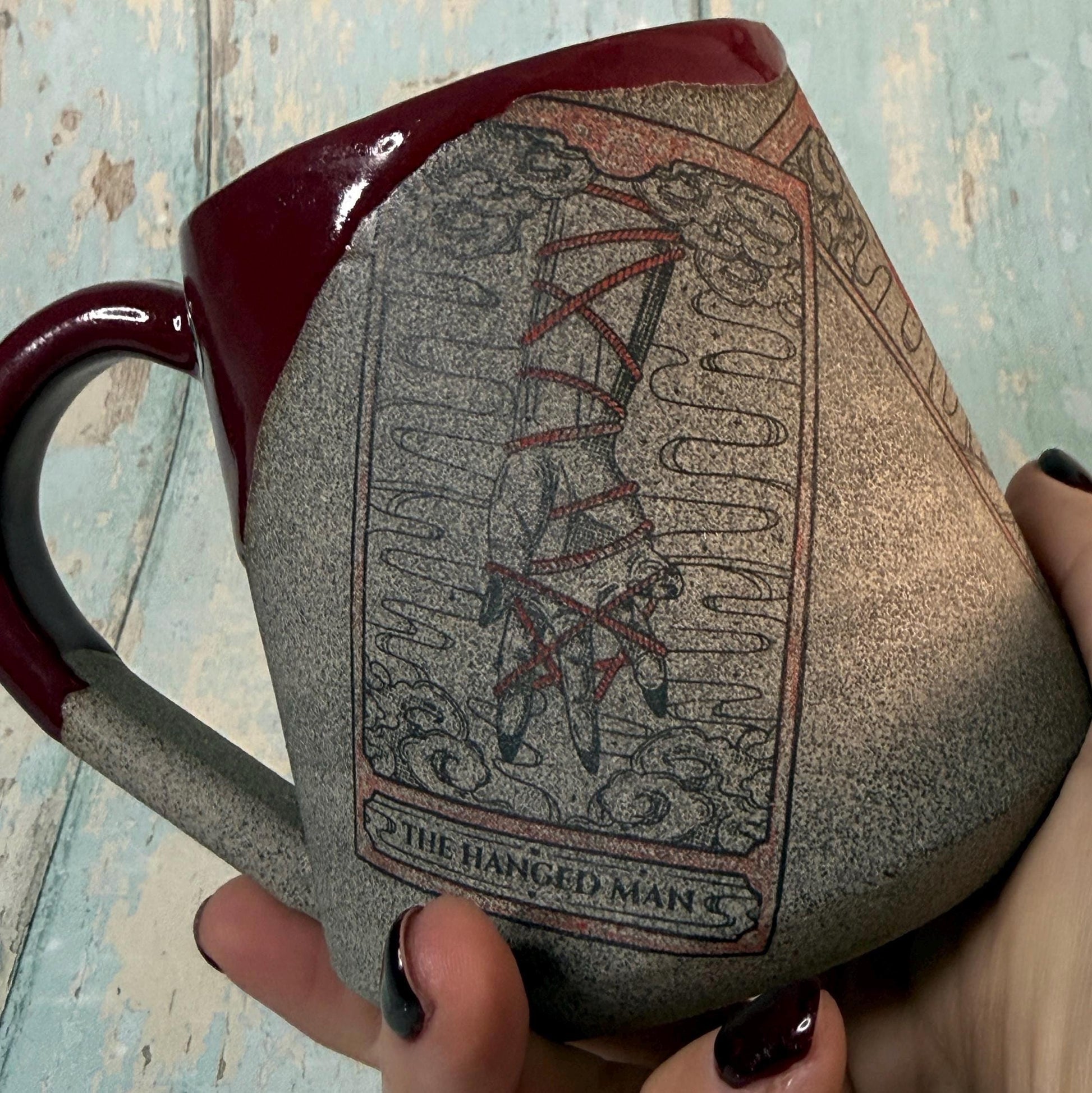 Burgundy Red and Grey Tarot Mug, Large Ceramic Cup