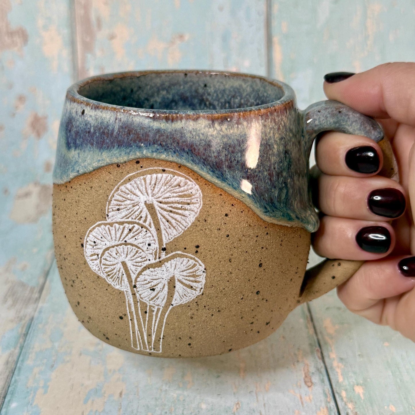Blue Grey Mushroom Mug, Fungi Ceramic Cup