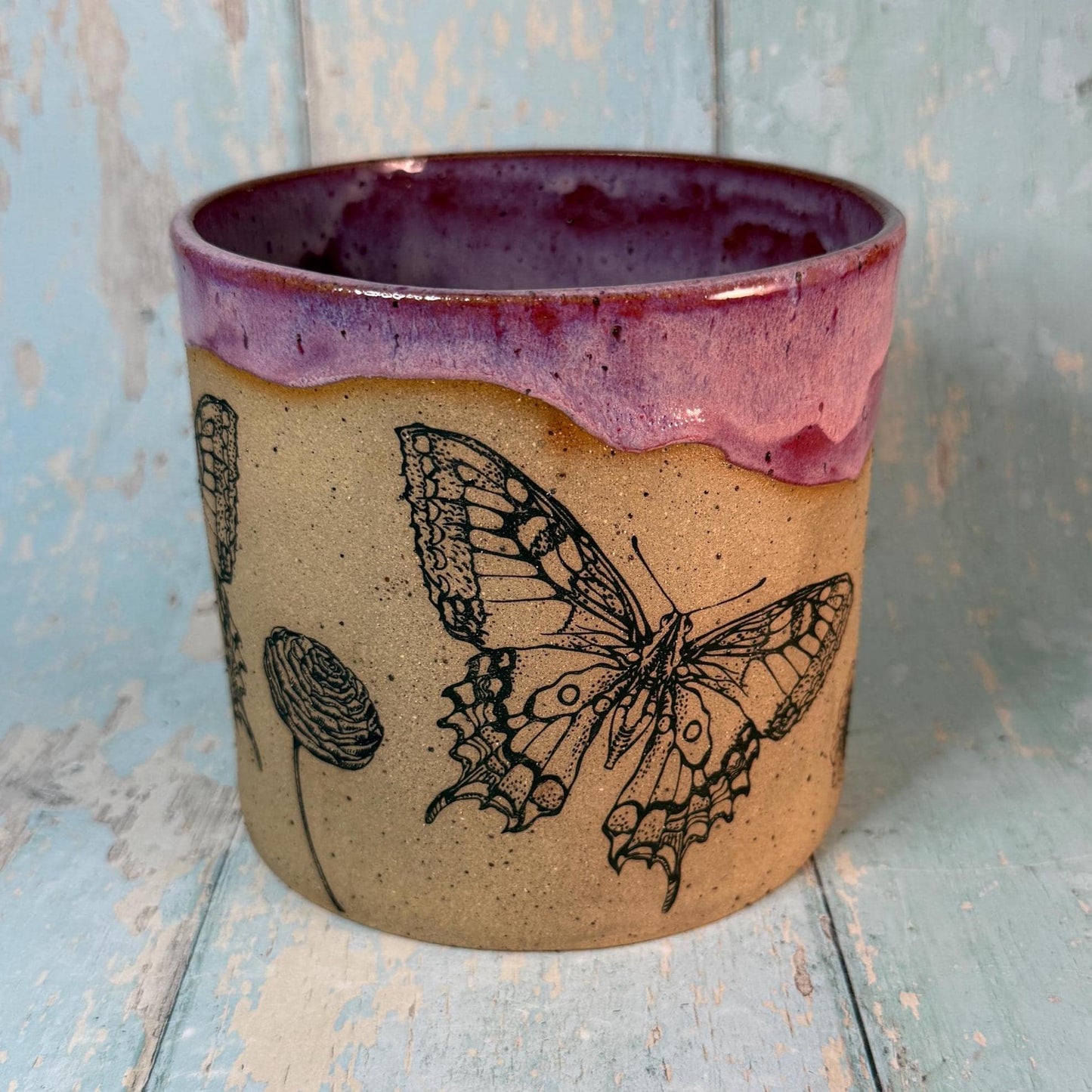 Pink Butterfly Ceramic Planter, Indoor Plant Pot