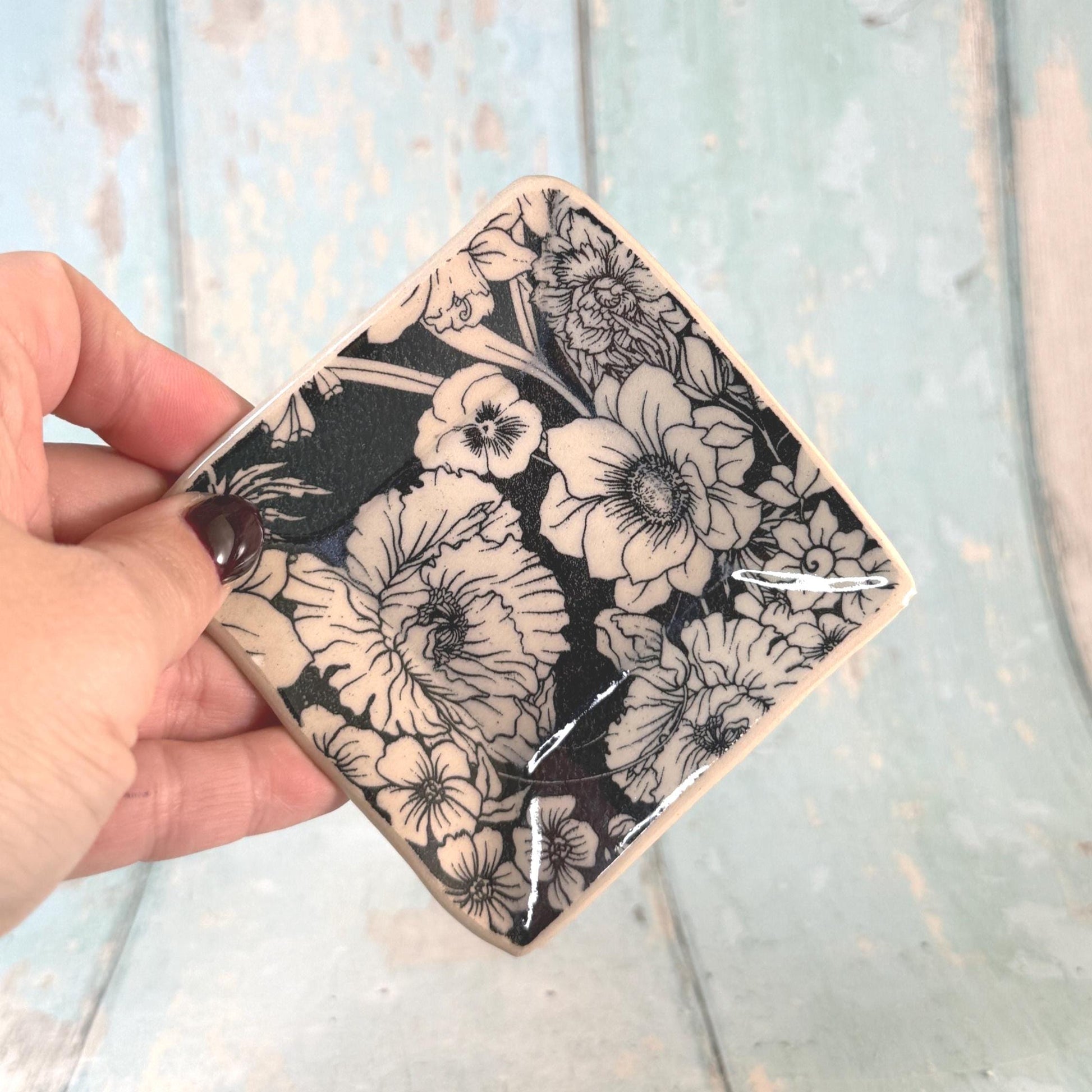 Small Square Black & White Floral Ring Dish, Handmade Ceramic Pot