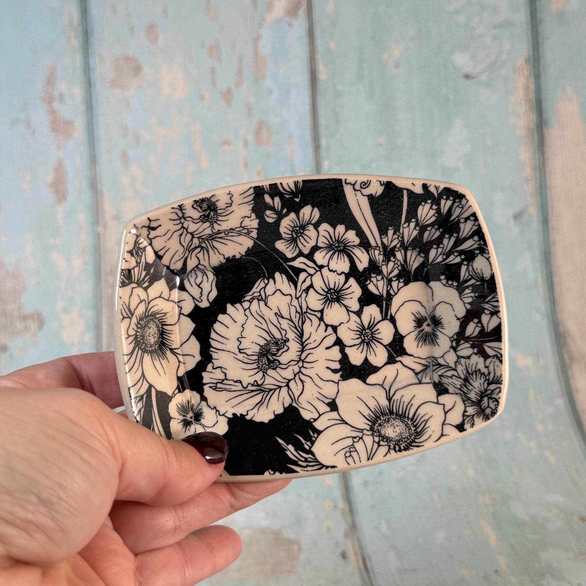 Small Black & White Floral Ring Dish, Handmade Rectangle Ceramic Pot