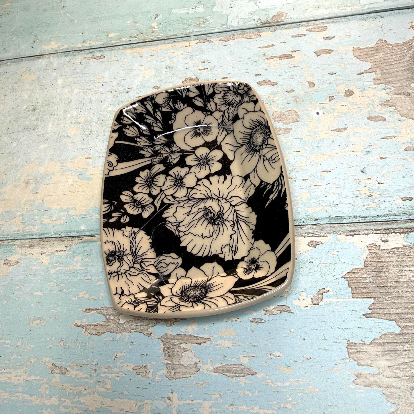 Small Black & White Floral Ring Dish, Handmade Rectangle Ceramic Pot