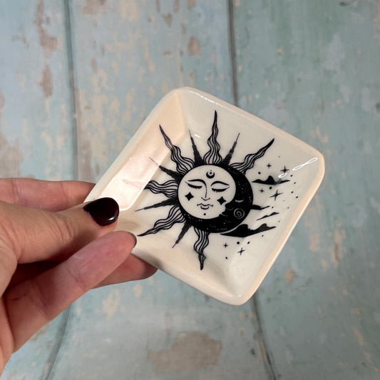 Small Black & White Sun and Moon Ring Dish, Handmade Square Ceramic Pot