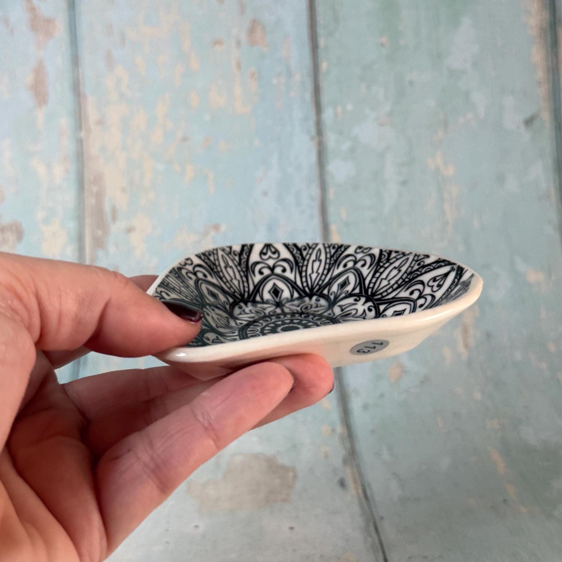 Small Black & White Heart Mandala Ring Dish, Handmade Ceramic Pot