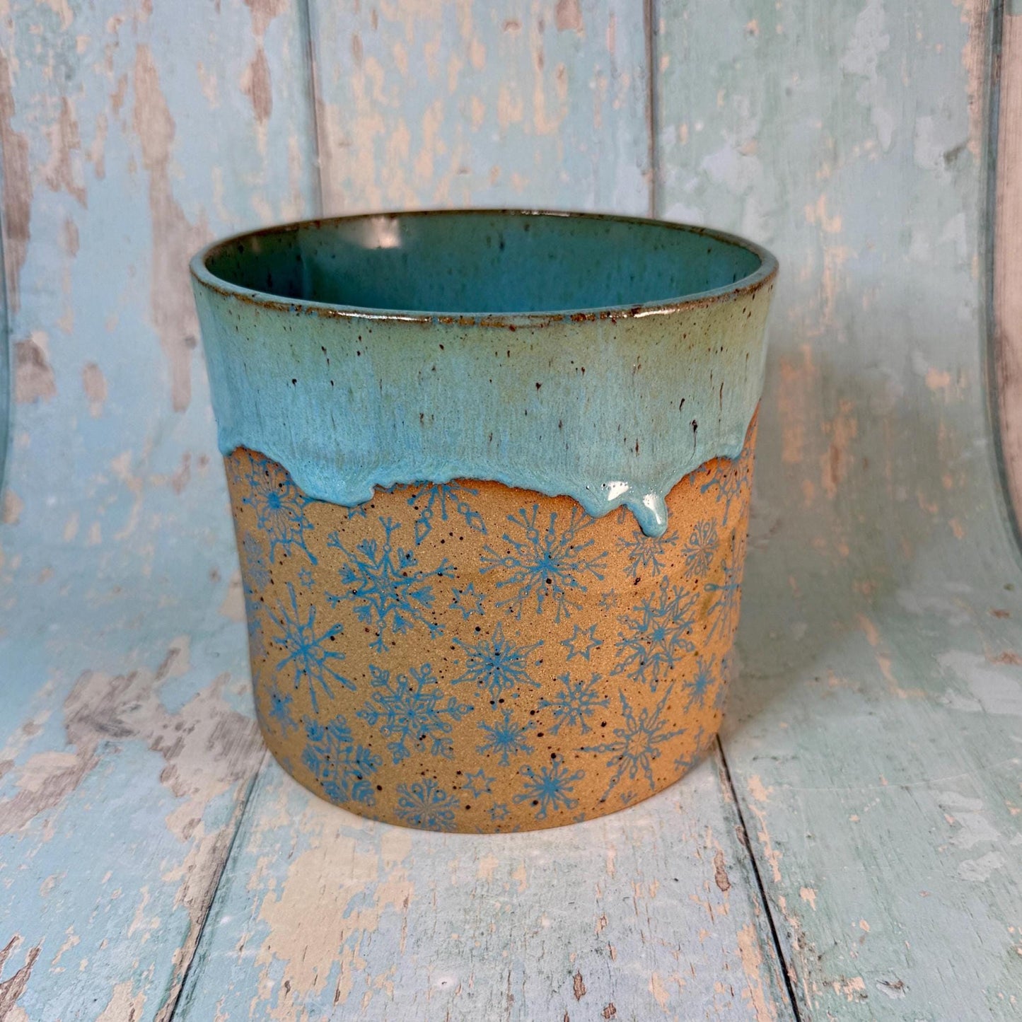 Turquoise Christmas Snowflake Ceramic Planter, Indoor Plant Pot