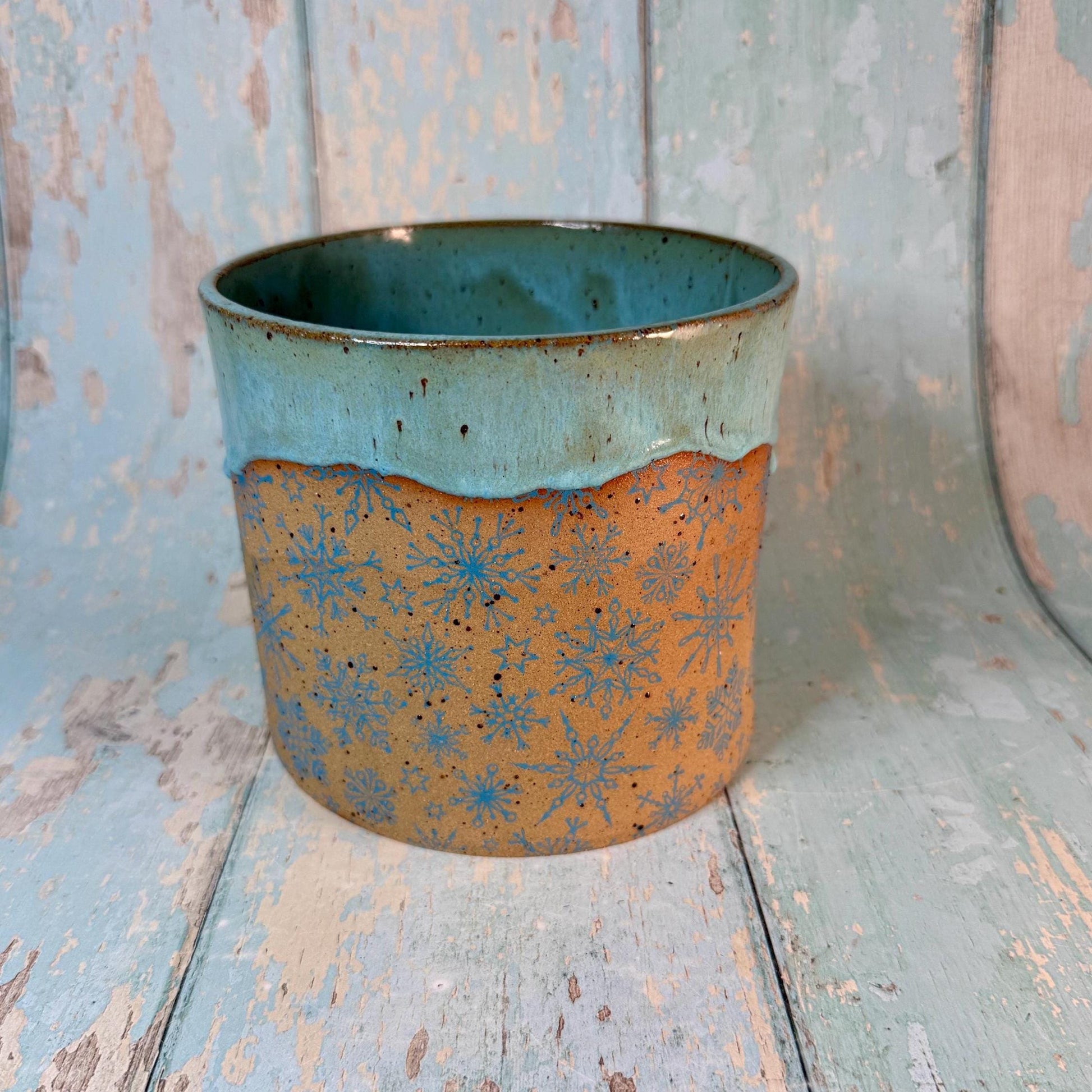 Turquoise Christmas Snowflake Ceramic Planter, Indoor Plant Pot