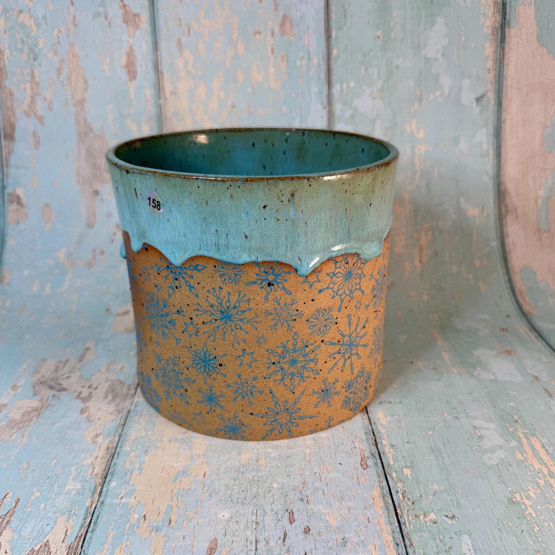 Turquoise Christmas Snowflake Ceramic Planter, Indoor Plant Pot