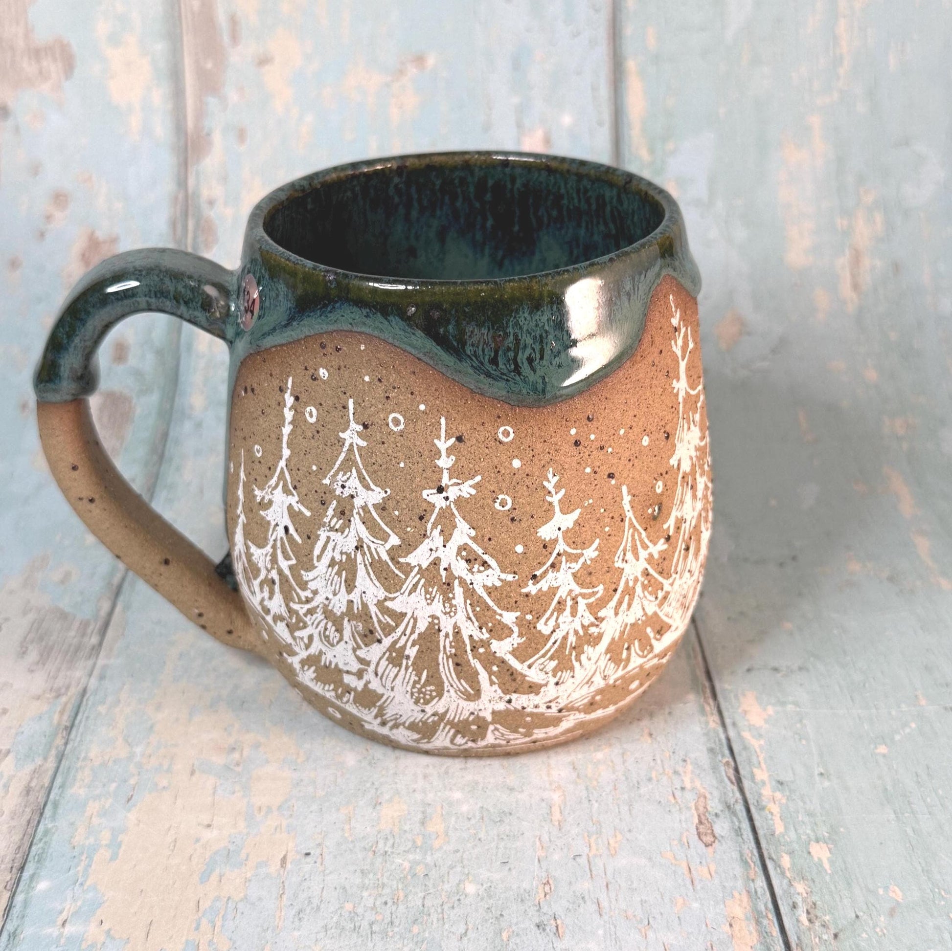 Green and White Christmas Tree Mug, Handmade Ceramic Cup
