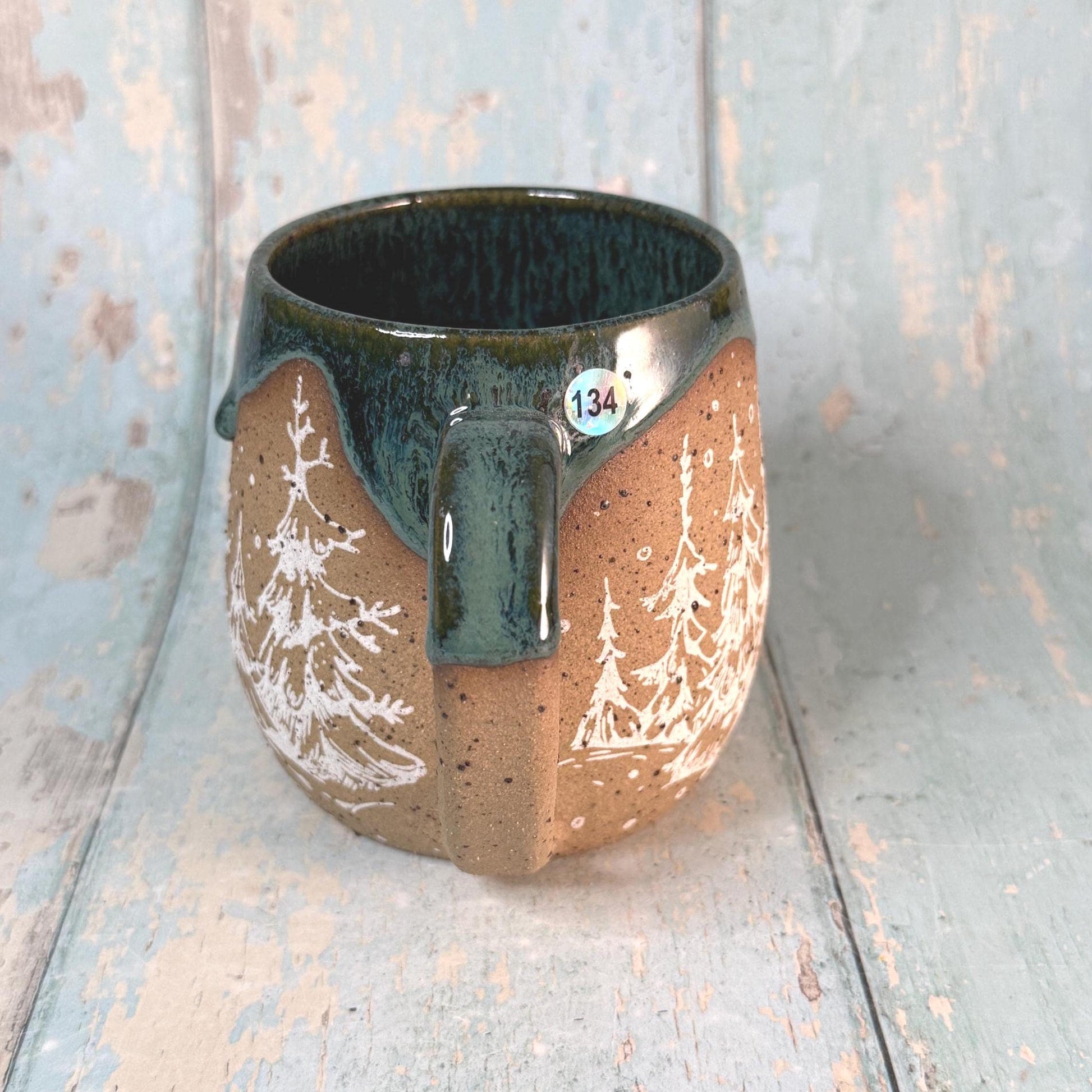 Green and White Christmas Tree Mug, Handmade Ceramic Cup
