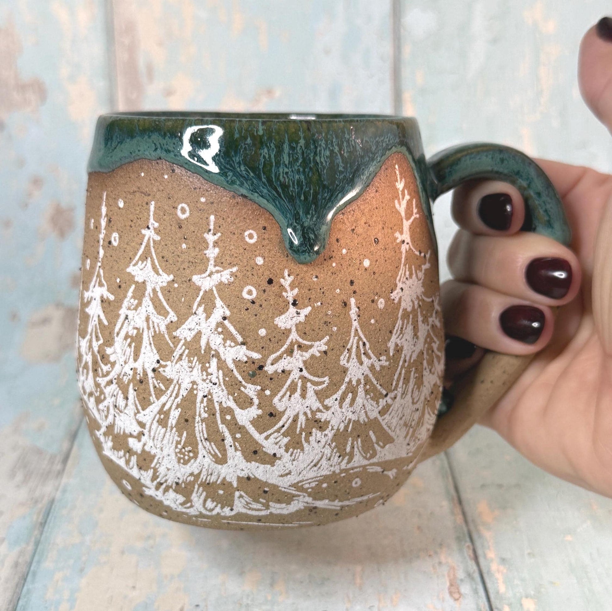 Green and White Christmas Tree Mug, Handmade Ceramic Cup