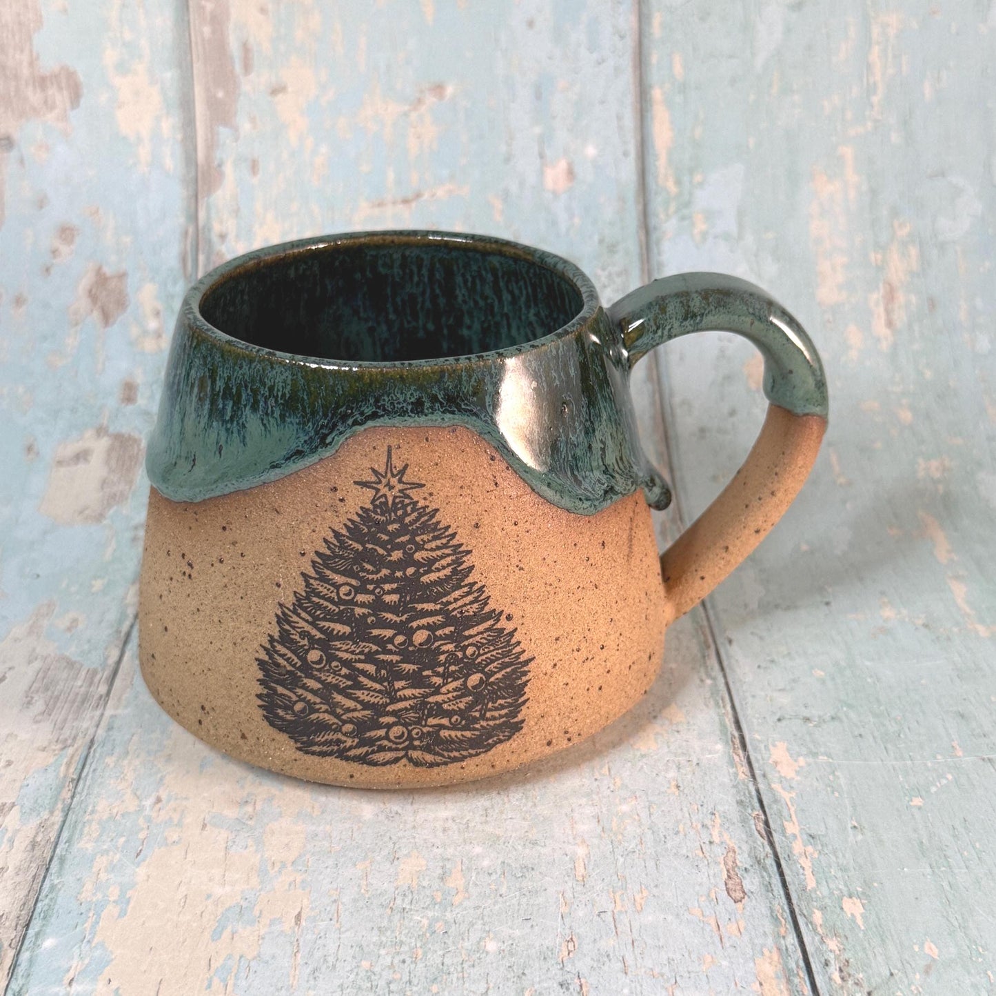 Green Christmas Tree Mug, Handmade Ceramic Cup