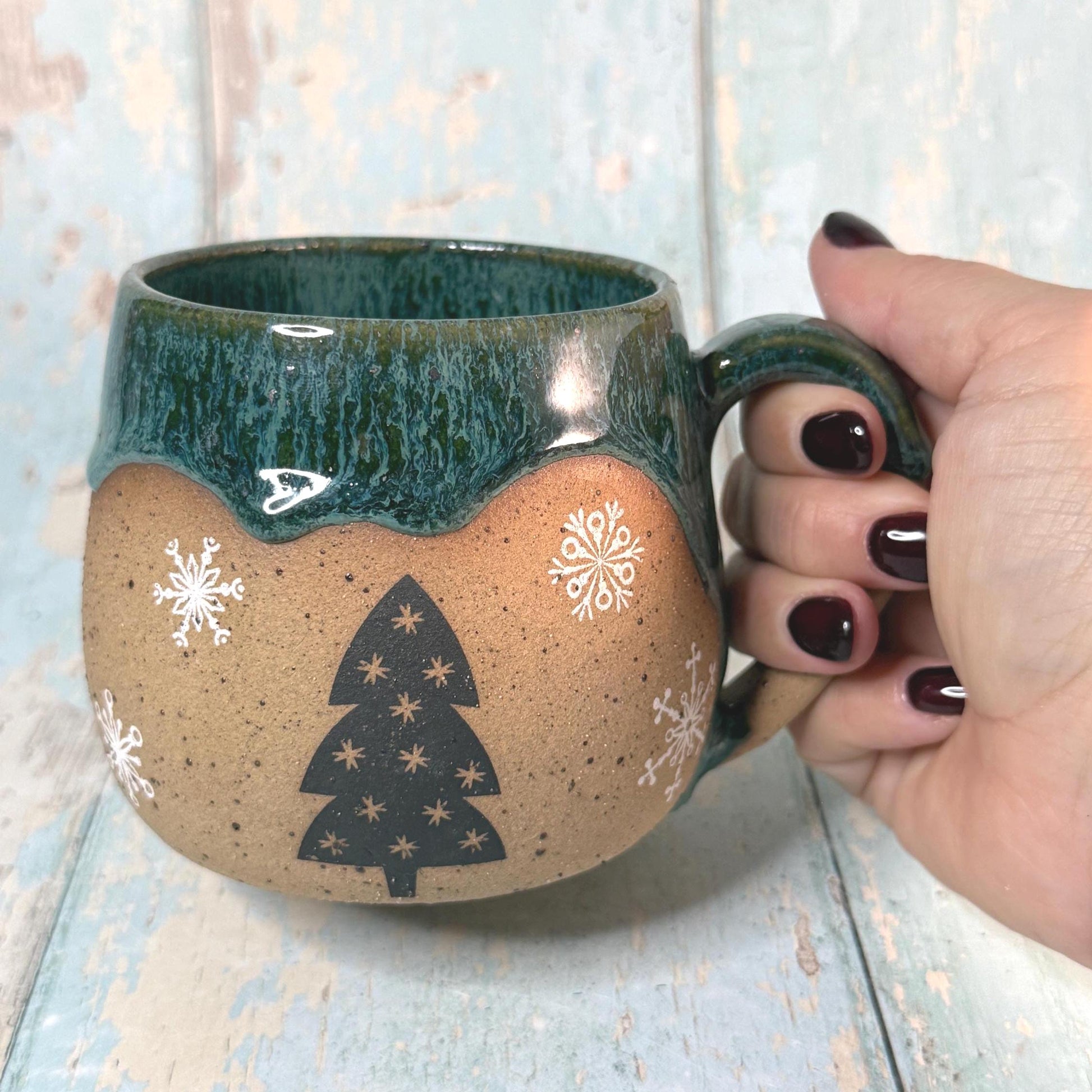 Black and Green Christmas Tree Mug, Handmade Ceramic Cup