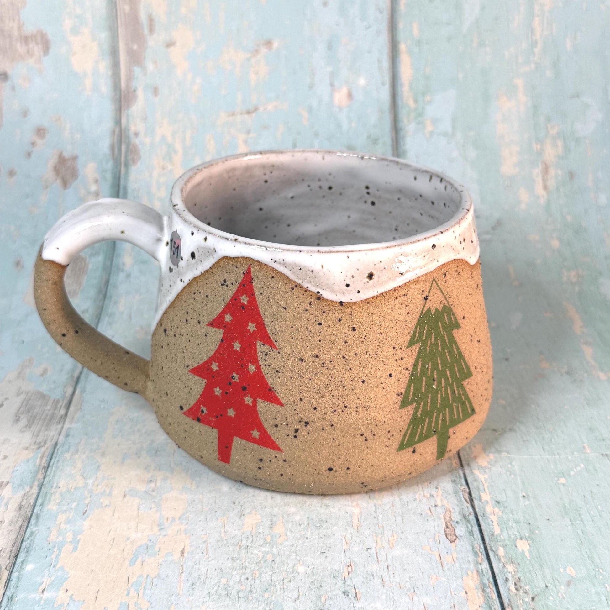 White, Red and Green Christmas Tree Mug, Handmade Ceramic Cup