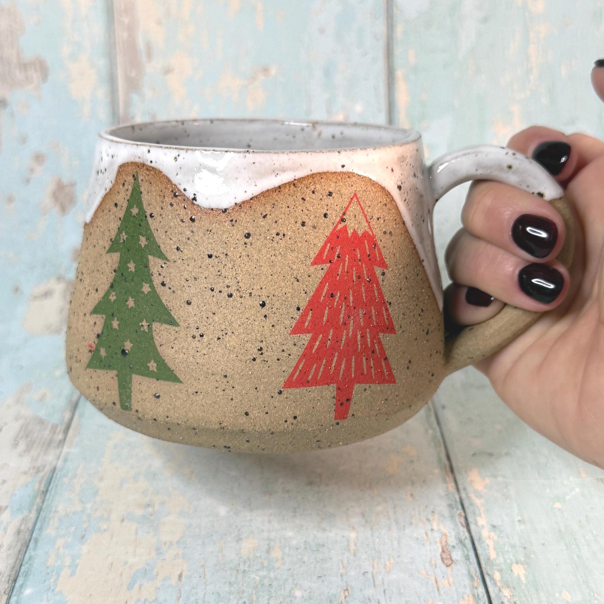 White, Red and Green Christmas Tree Mug, Handmade Ceramic Cup