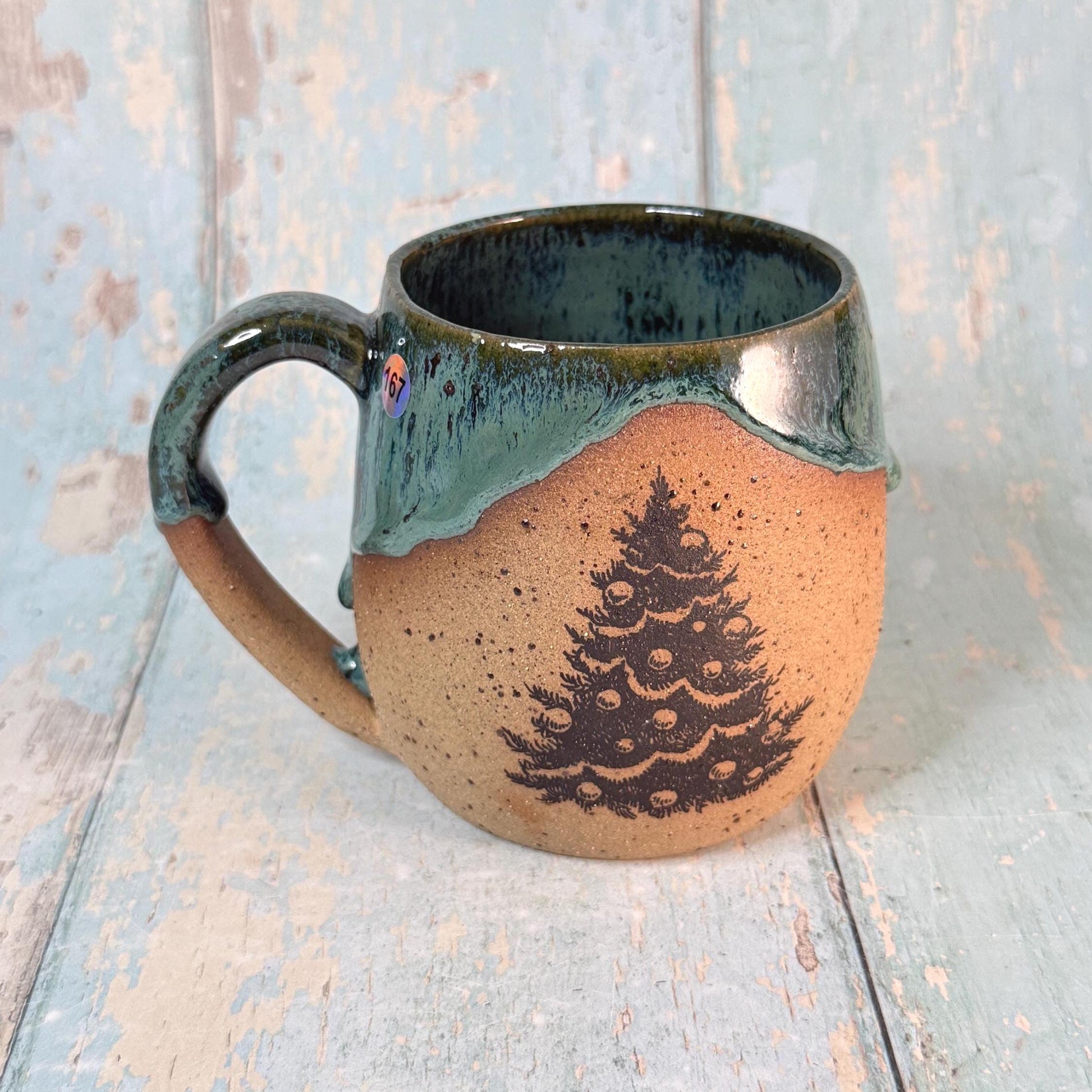 Green Christmas Tree Mug, Handmade Ceramic Cup