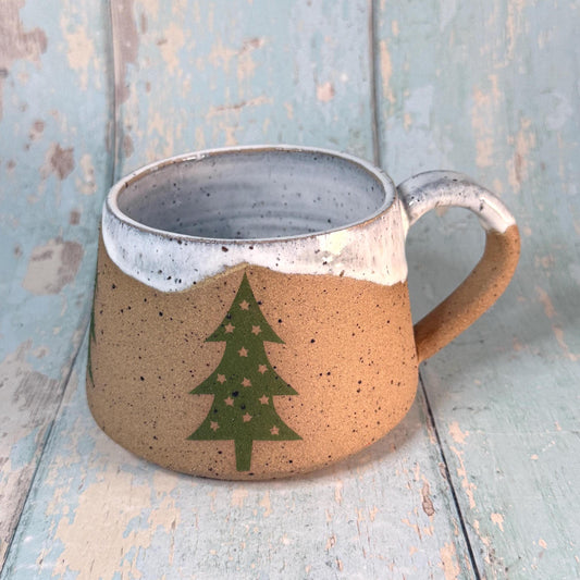 White and Green Christmas Tree Mug, Handmade Ceramic Cup