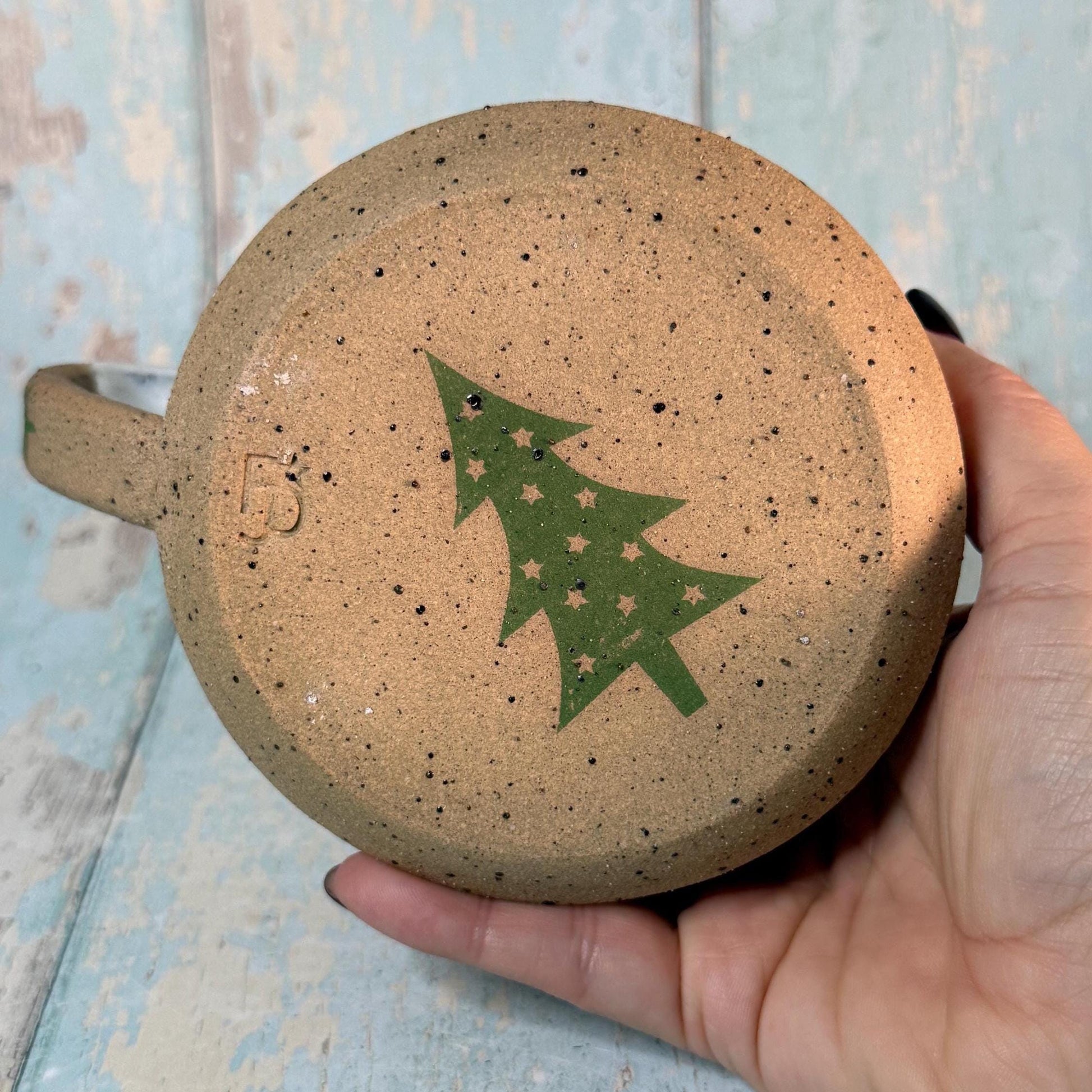 White and Green Christmas Tree Mug, Handmade Ceramic Cup