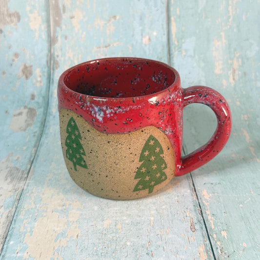 Red and Green Christmas Tree Mug, Handmade Ceramic Cup