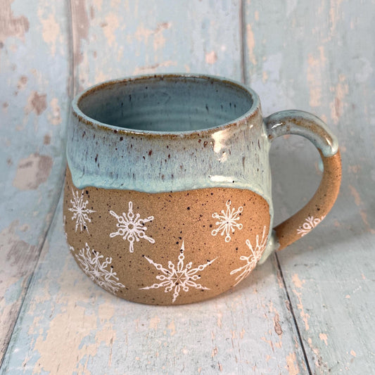 Green Christmas Snowflake Mug, Handmade Ceramic Cup