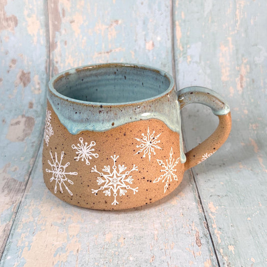 Green Christmas Snowflake Mug, Handmade Ceramic Cup