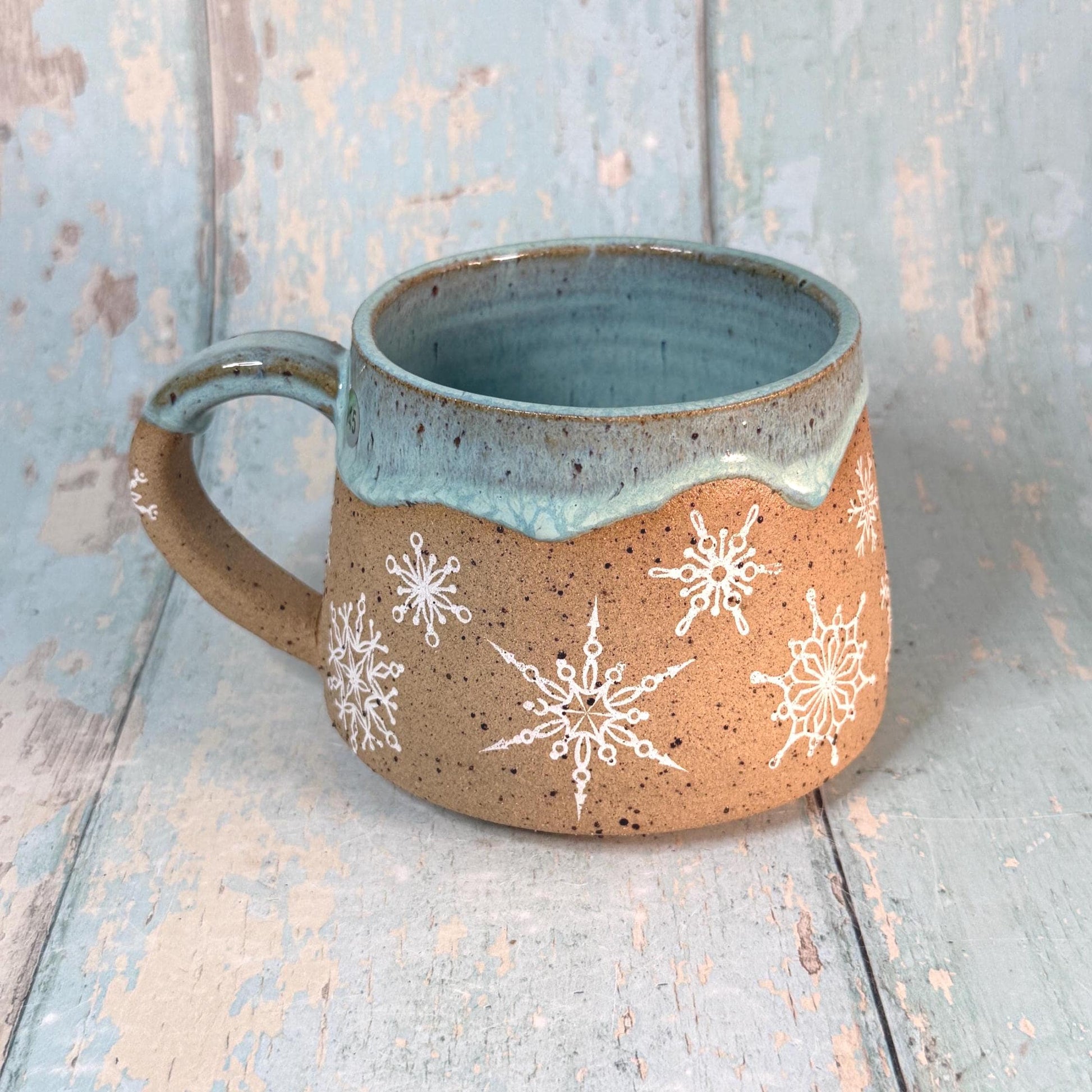 Green Christmas Snowflake Mug, Handmade Ceramic Cup