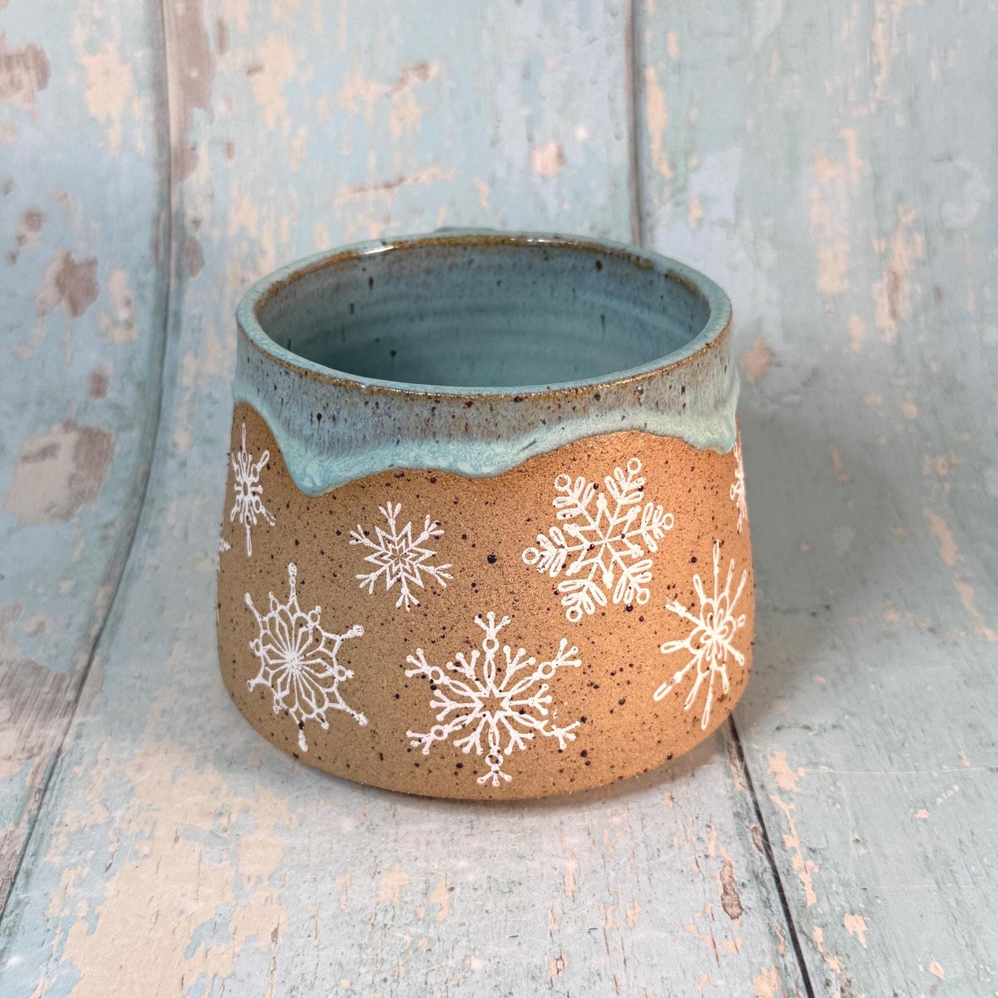 Green Christmas Snowflake Mug, Handmade Ceramic Cup