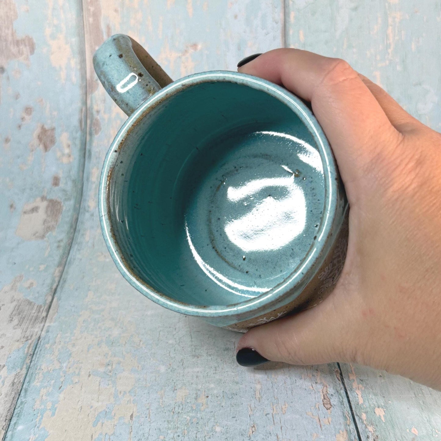 Green Christmas Snowflake Mug, Handmade Ceramic Cup