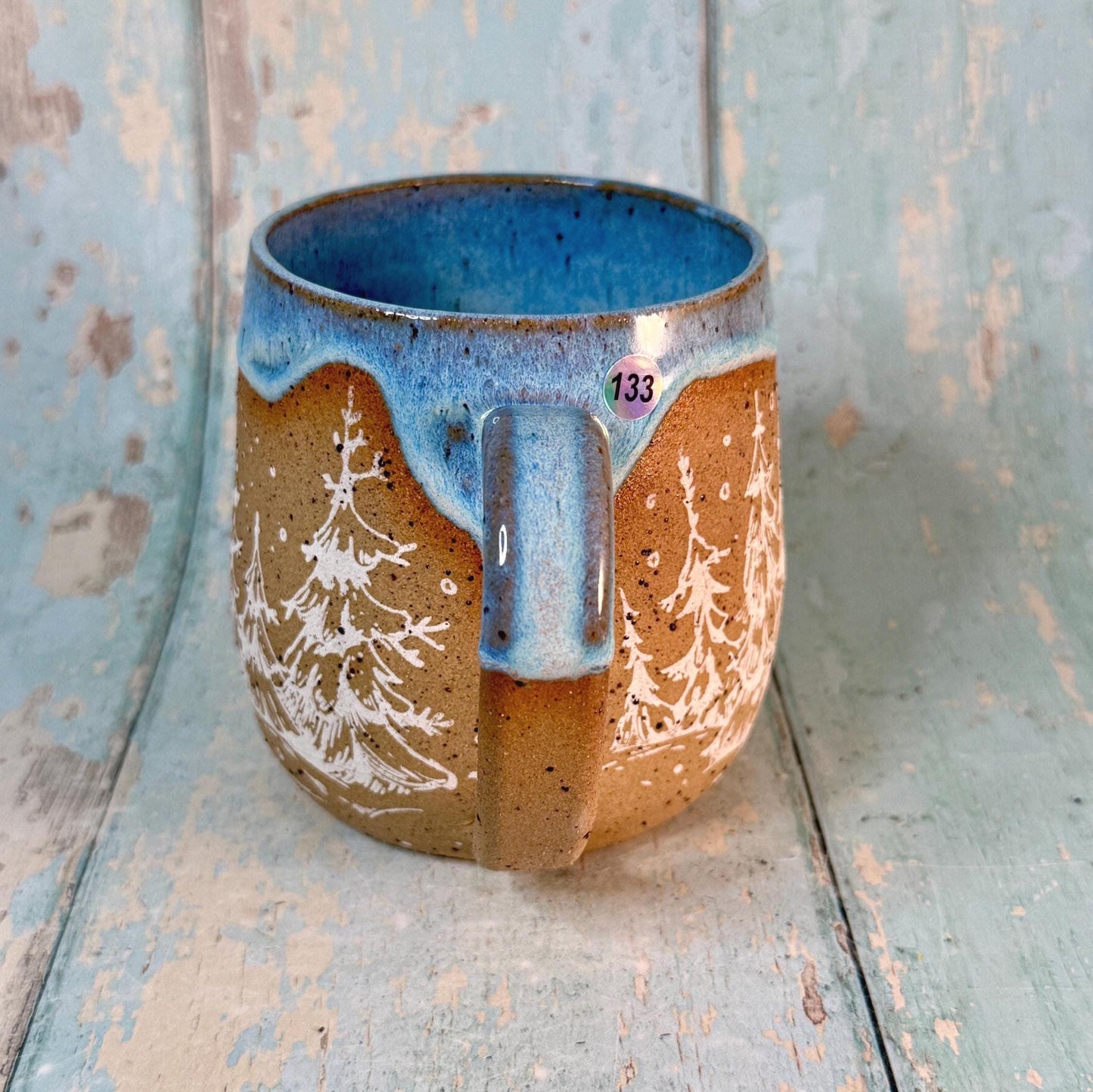 Blue and White Christmas Tree Mug, Handmade Ceramic Cup