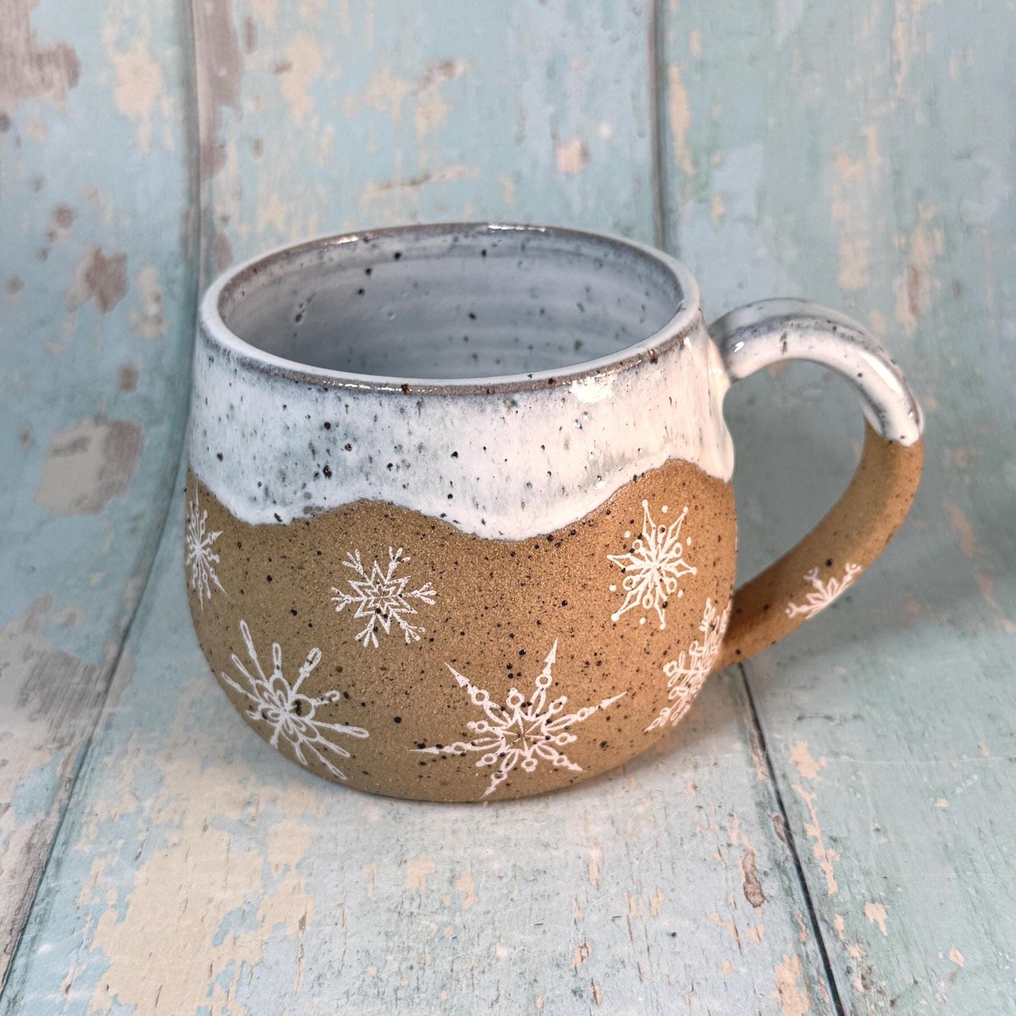 White Christmas Snowflake Mug, Handmade Ceramic Cup