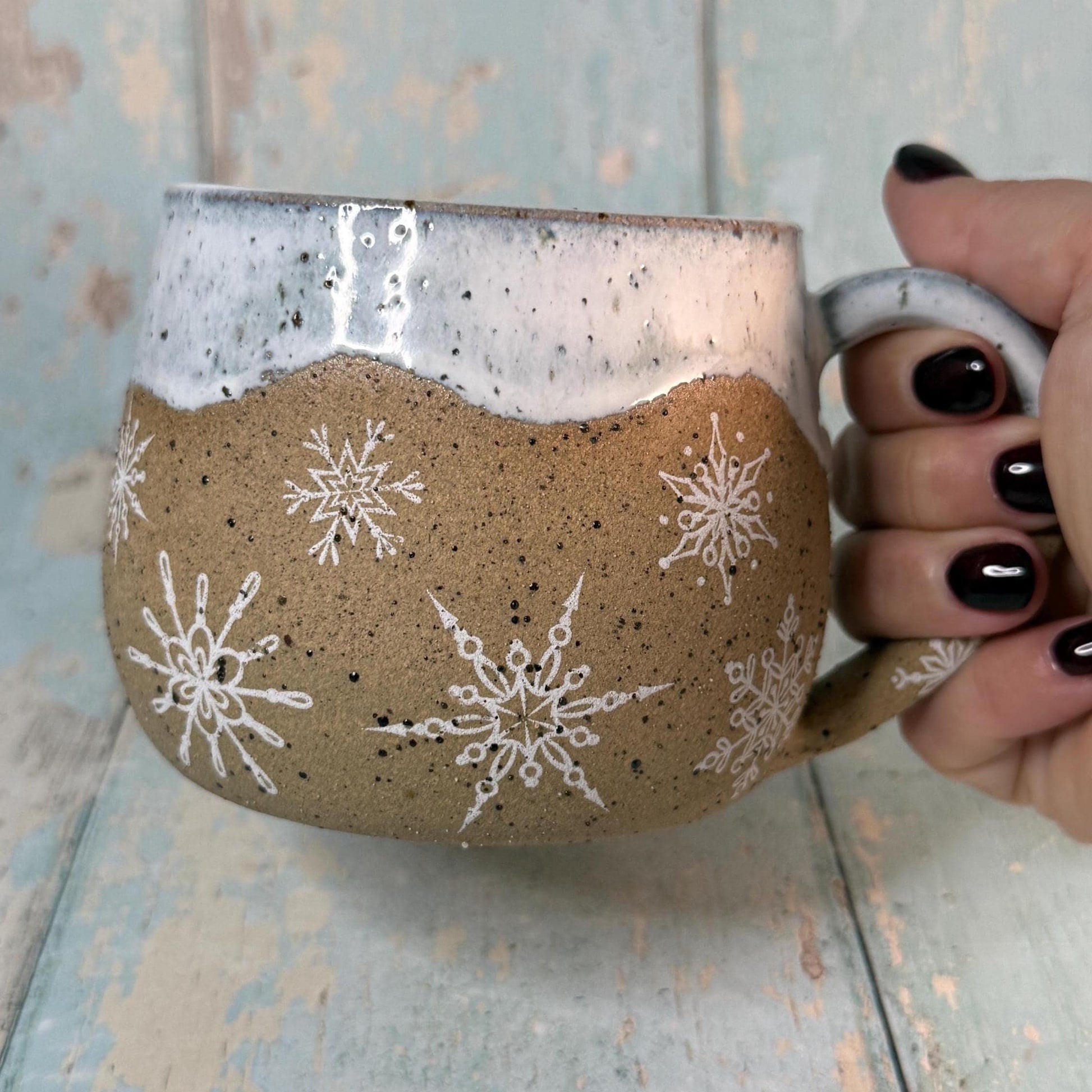White Christmas Snowflake Mug, Handmade Ceramic Cup