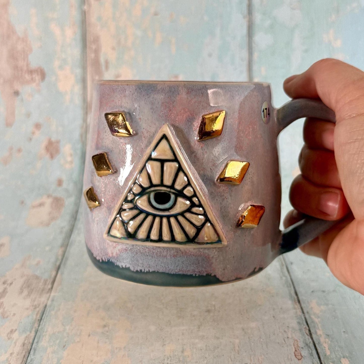 Mystical Pyramid Mug, Handmade Pink and Blue Ceramic Cup