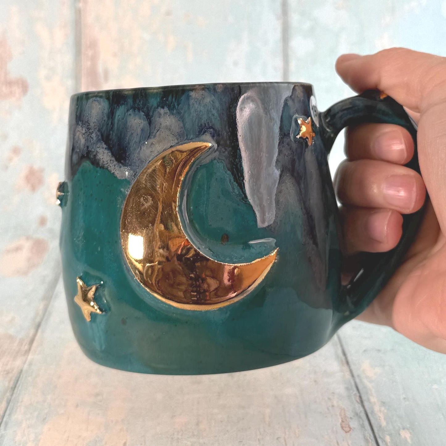 Teal Moon & Star Mug, Large Ceramic Cup