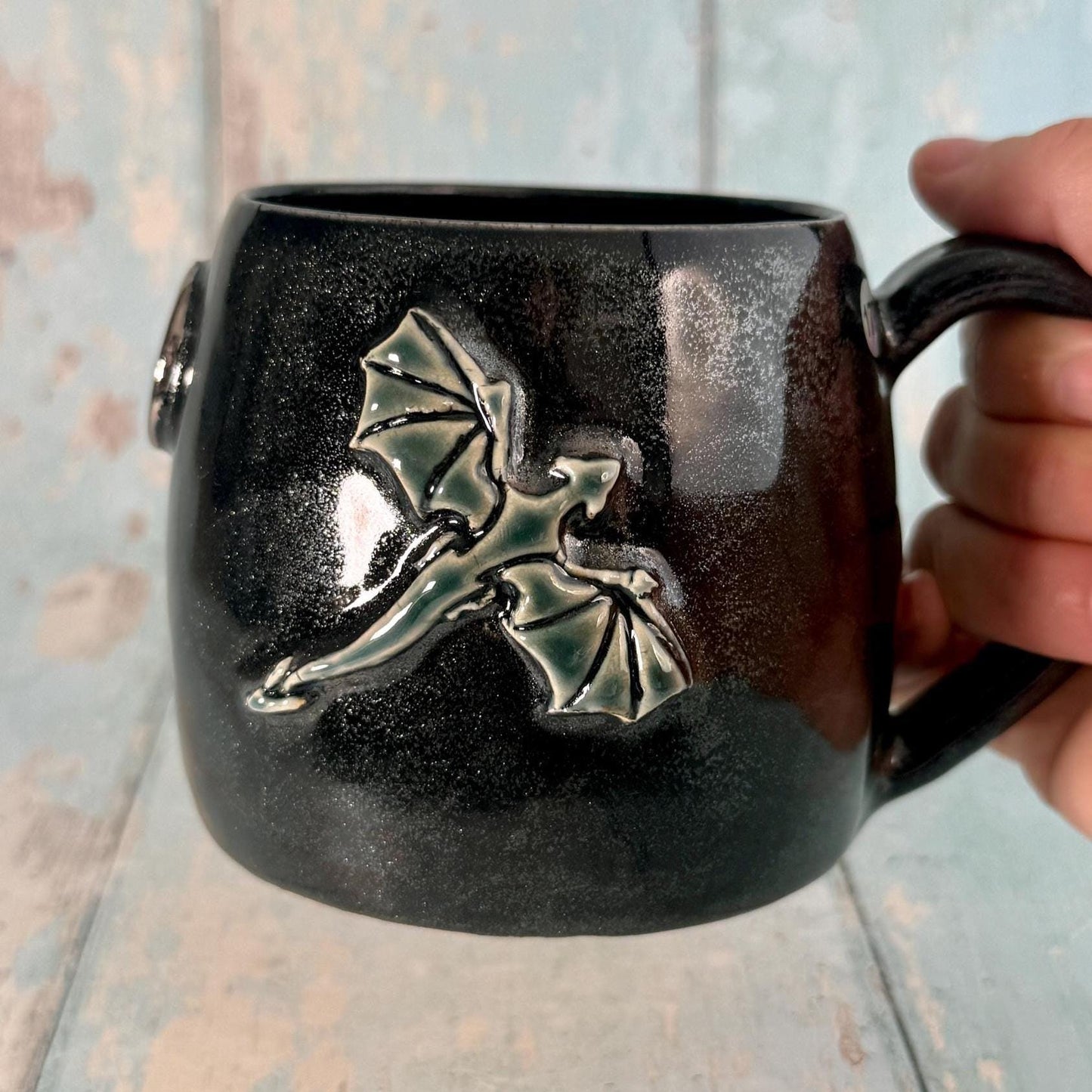 Handmade Black Glittery Dragon Mug, Large Ceramic Cup